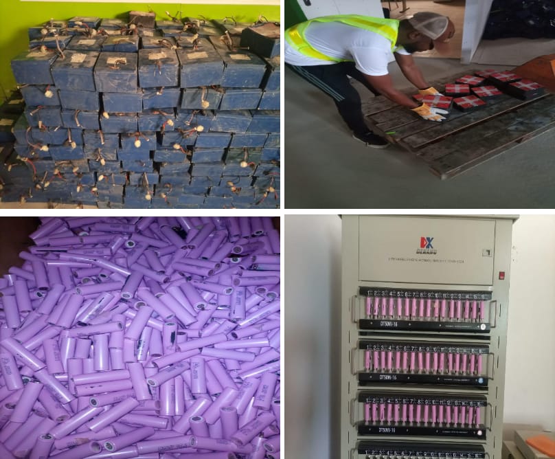 (Hinkley Recycling Lagos: L-R Lithioum-ion in casing, dismantled Li-ion, Separated Li-Ion, Charged Li-ion to be recycled by Quadloop) Solar